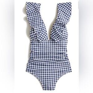 J.Crew Ruched Ruffle One-Piece Swimsuit in Navy Ivory Gingham sz 0